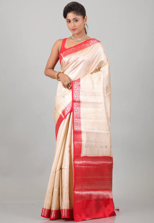 Beige with Red Border Pure Katan Silk Saree With Blouse Piece - Adi Akshoy & Co.