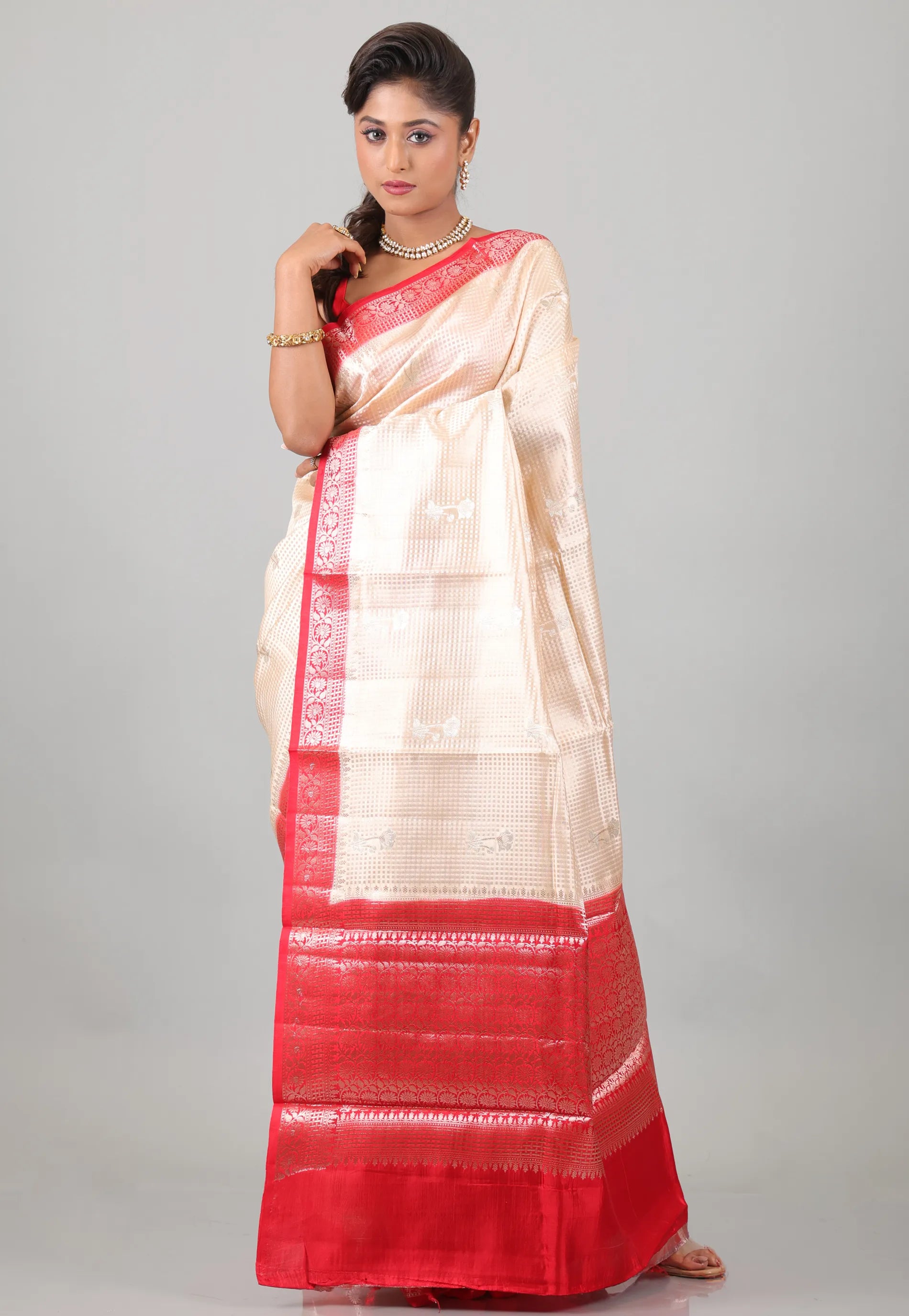 Beige with Red Border Pure Katan Silk Saree With Blouse Piece - Adi Akshoy & Co.