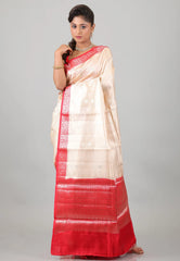 Beige with Red Border Pure Katan Silk Saree With Blouse Piece - Adi Akshoy & Co.