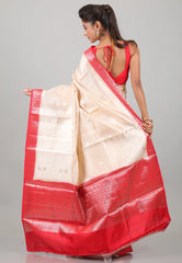 Beige with Red Border Pure Katan Silk Saree With Blouse Piece - Adi Akshoy & Co.