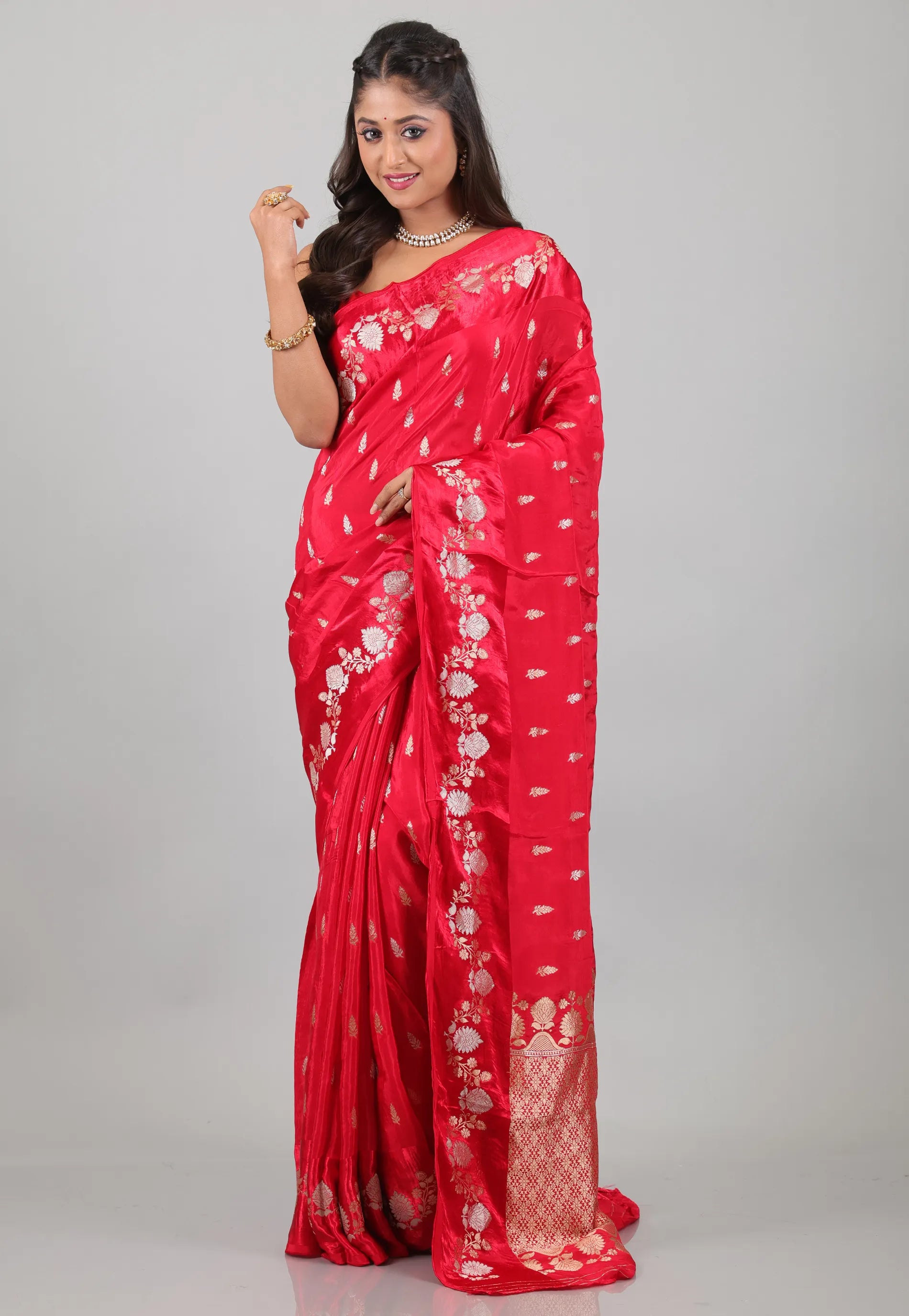 Red Mashru Silk Saree with Blouse Piece - Adi Akshoy & Co.