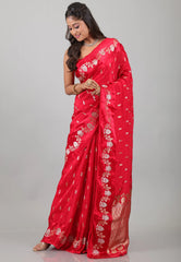 Red Mashru Silk Saree with Blouse Piece - Adi Akshoy & Co.