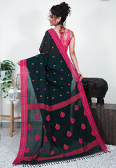 Dark Bottle Green Handloom Saree With Blouse Piece - Adi Akshoy & Co.