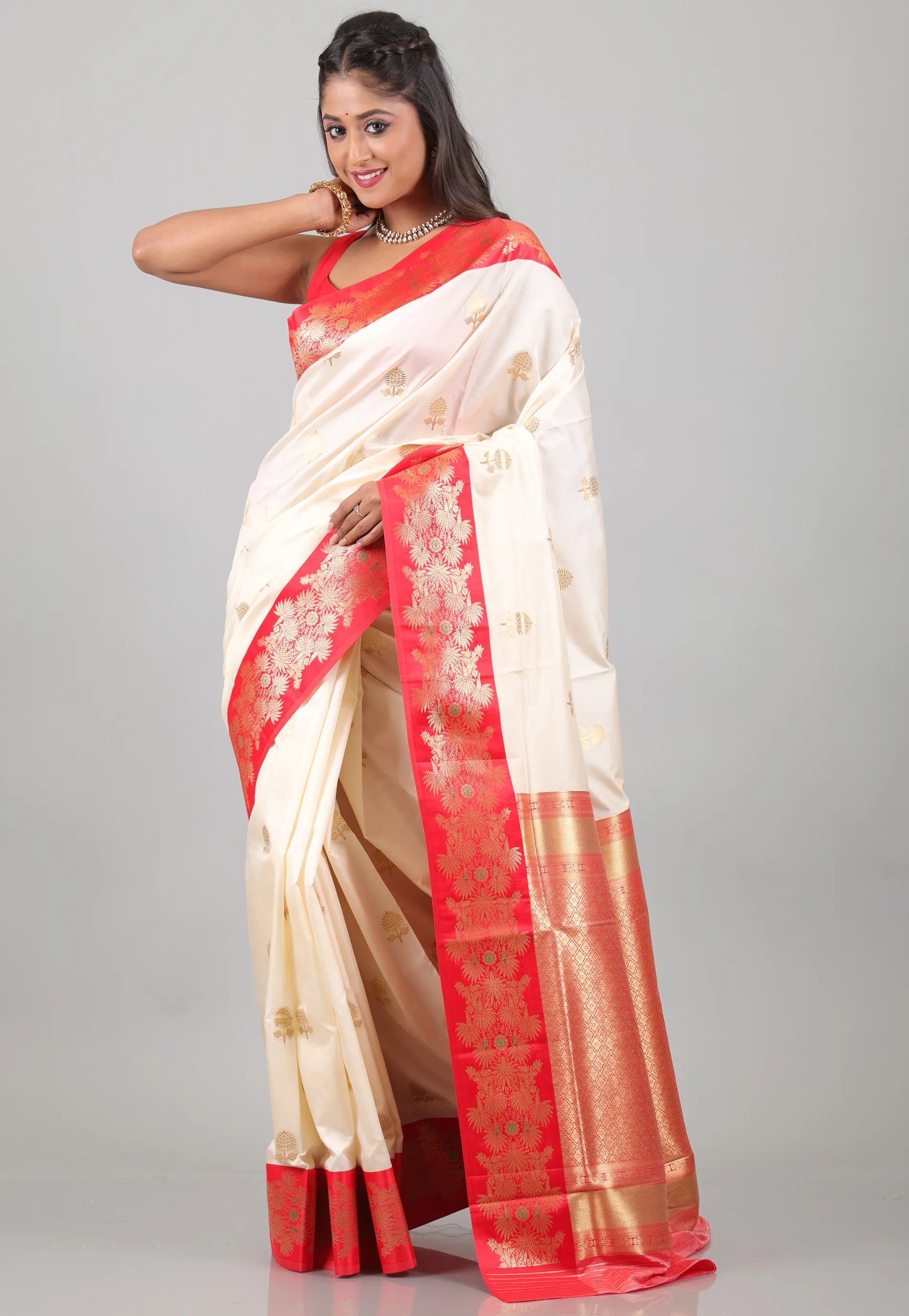 Cream colour with Red Border Katan Silk Saree With Blouse Piece - Adi Akshoy & Co.