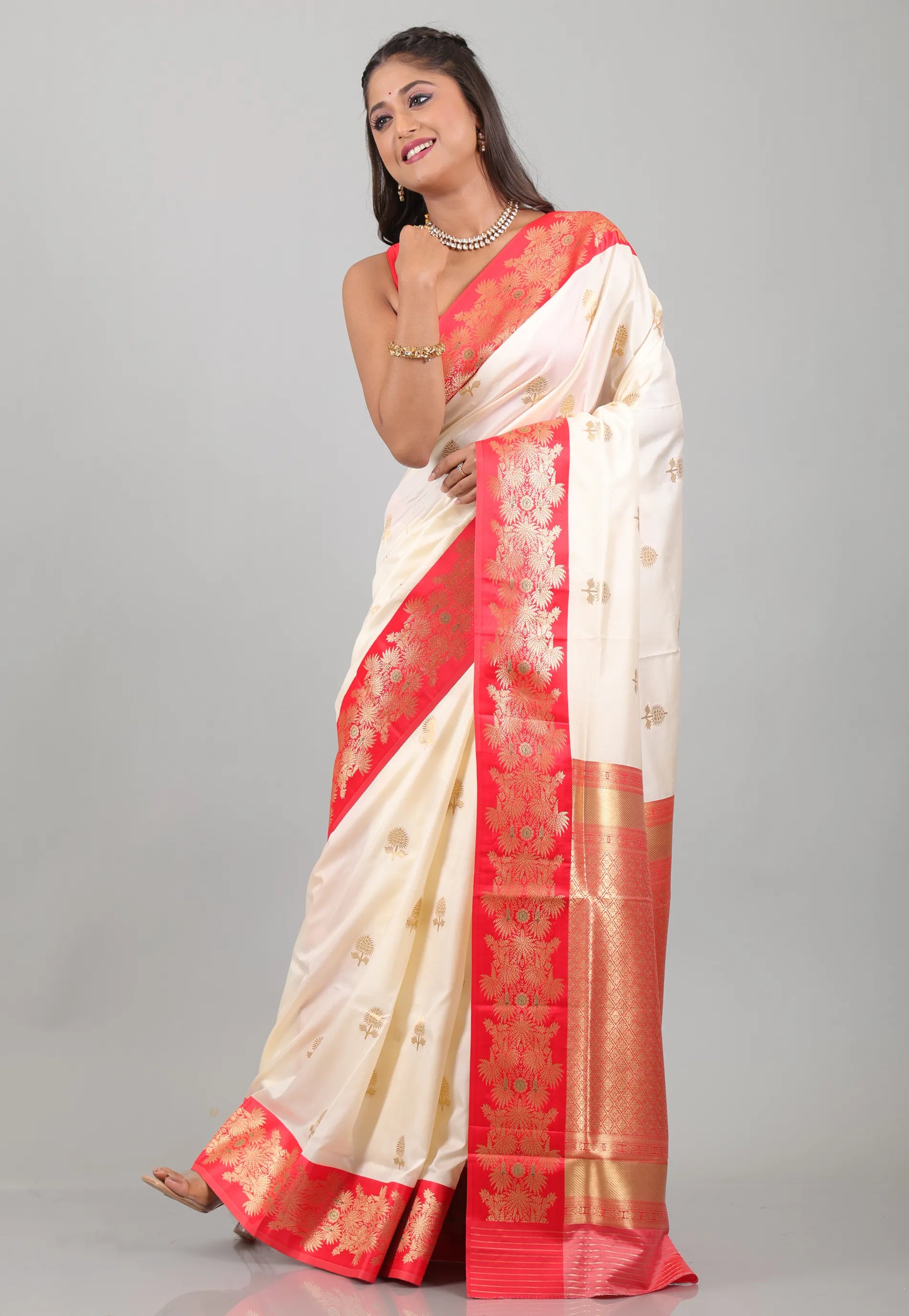 Cream colour with Red Border Katan Silk Saree With Blouse Piece - Adi Akshoy & Co.