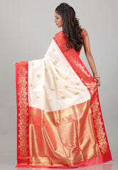 Cream colour with Red Border Katan Silk Saree With Blouse Piece - Adi Akshoy & Co.