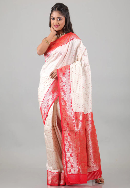 Off White with Red Border Katan Silk Saree With Blouse Piece - Adi Akshoy & Co.