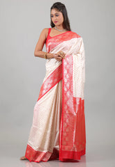 Off White with Red Border Katan Silk Saree With Blouse Piece - Adi Akshoy & Co.