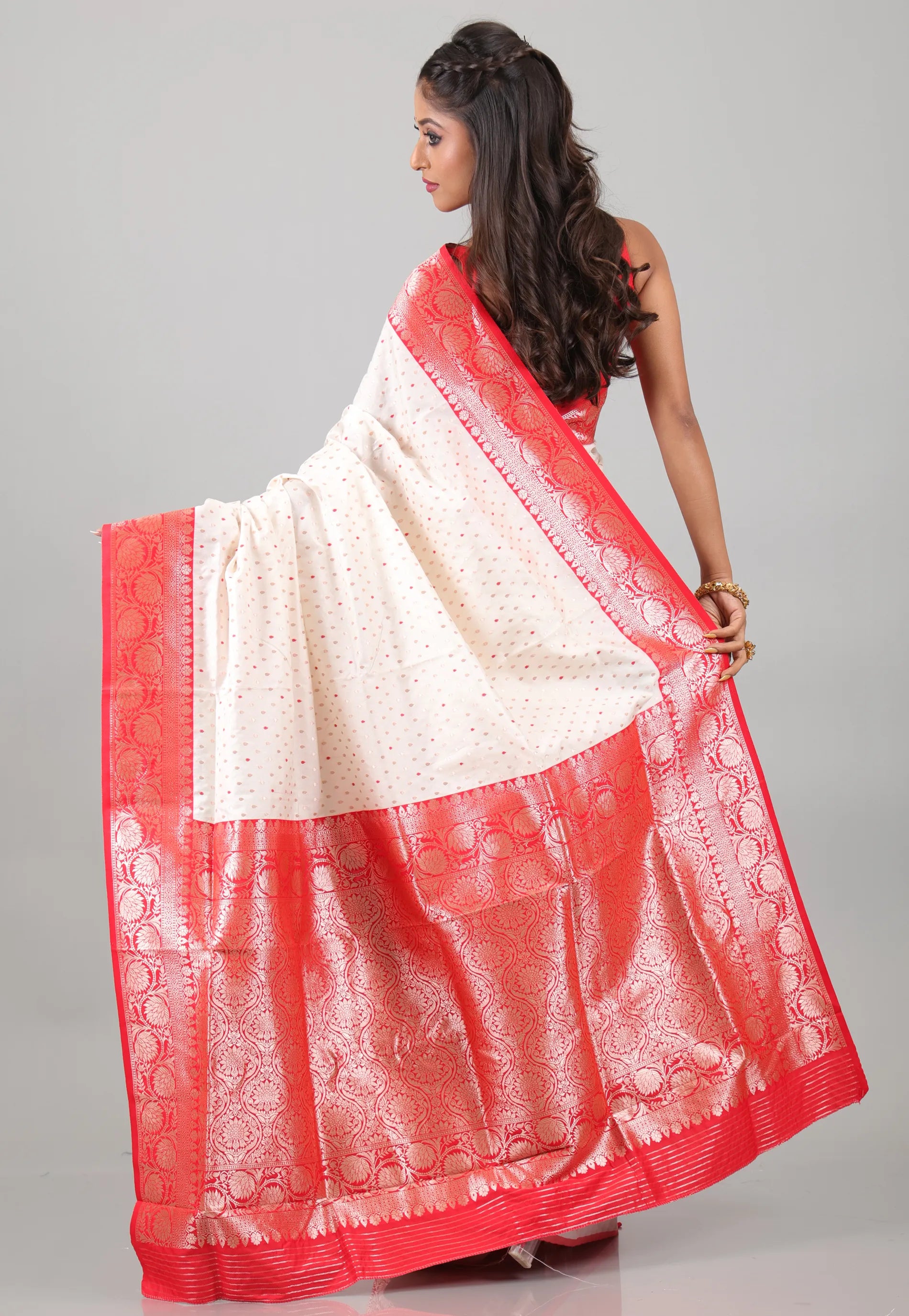 Off White with Red Border Katan Silk Saree With Blouse Piece - Adi Akshoy & Co.