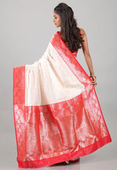 Off White with Red Border Katan Silk Saree With Blouse Piece - Adi Akshoy & Co.