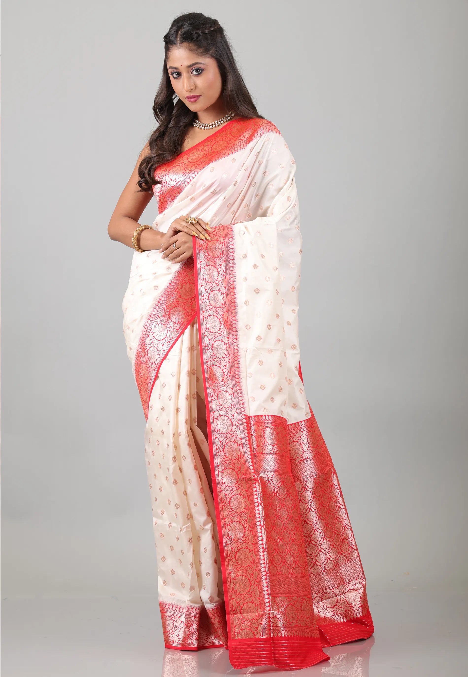 Off White with Red Border Katan Silk Saree With Blouse Piece - Adi Akshoy & Co.