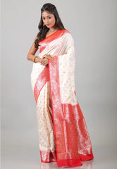Off White with Red Border Katan Silk Saree With Blouse Piece - Adi Akshoy & Co.