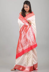 Off White with Red Border Katan Silk Saree With Blouse Piece - Adi Akshoy & Co.