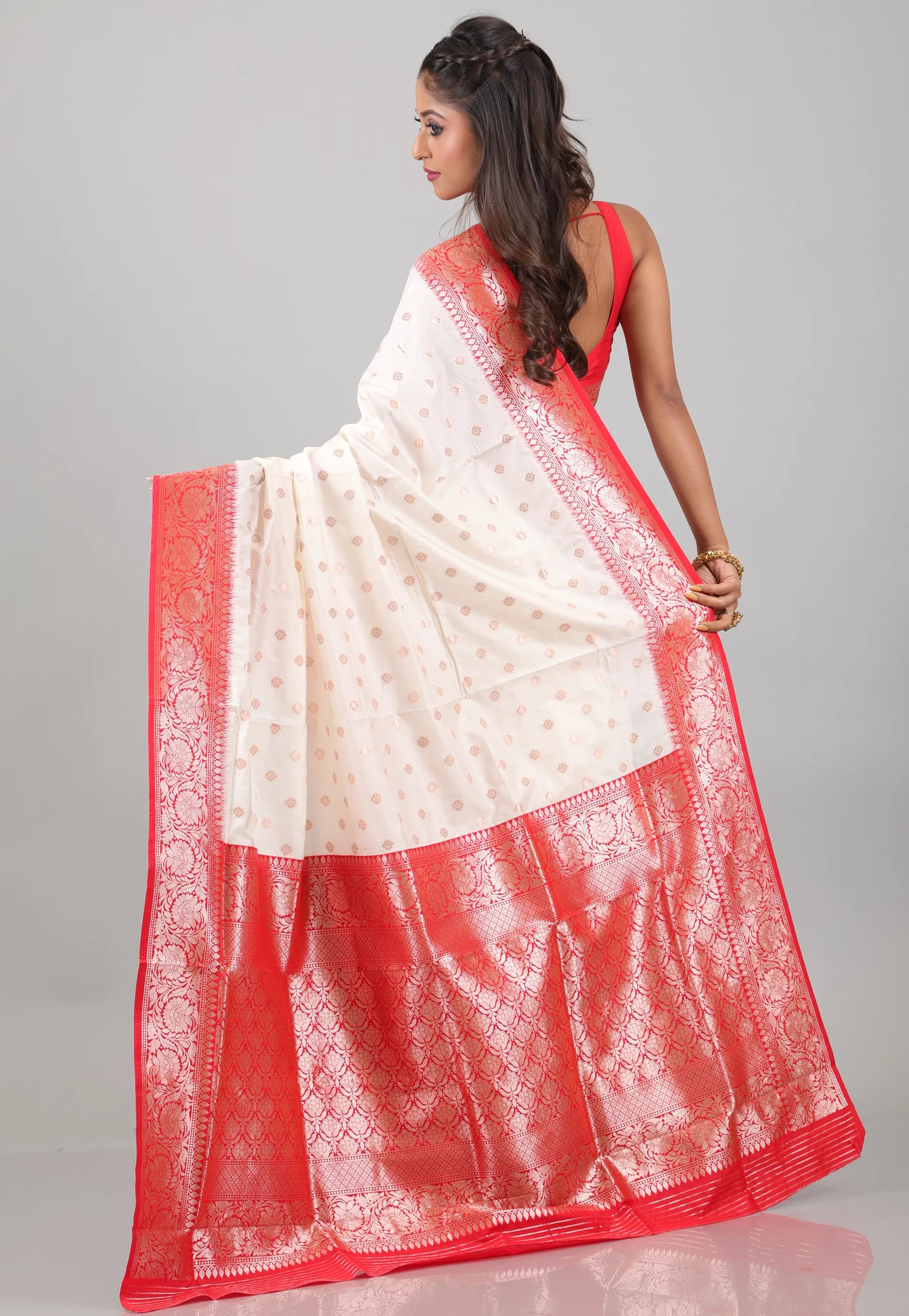 Off White with Red Border Katan Silk Saree With Blouse Piece - Adi Akshoy & Co.