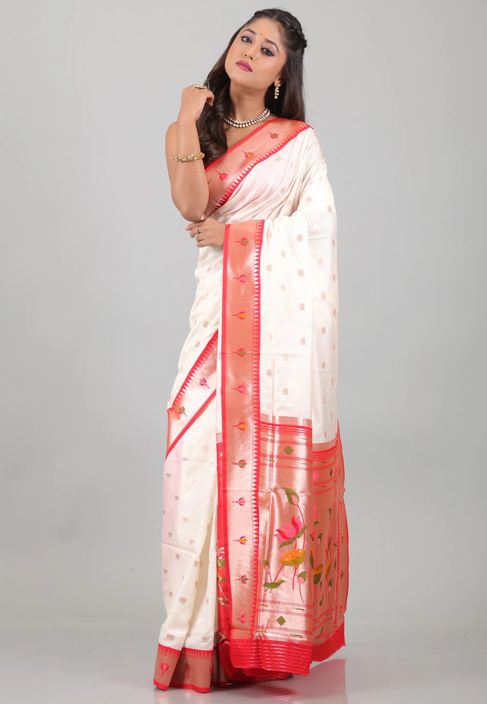 Off White with Red Border Katan Silk Saree With Blouse Piece - Adi Akshoy & Co.