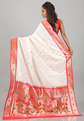 Off White with Red Border Katan Silk Saree With Blouse Piece - Adi Akshoy & Co.