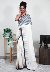 Off White Handloom Saree With Blouse Piece - Adi Akshoy & Co.