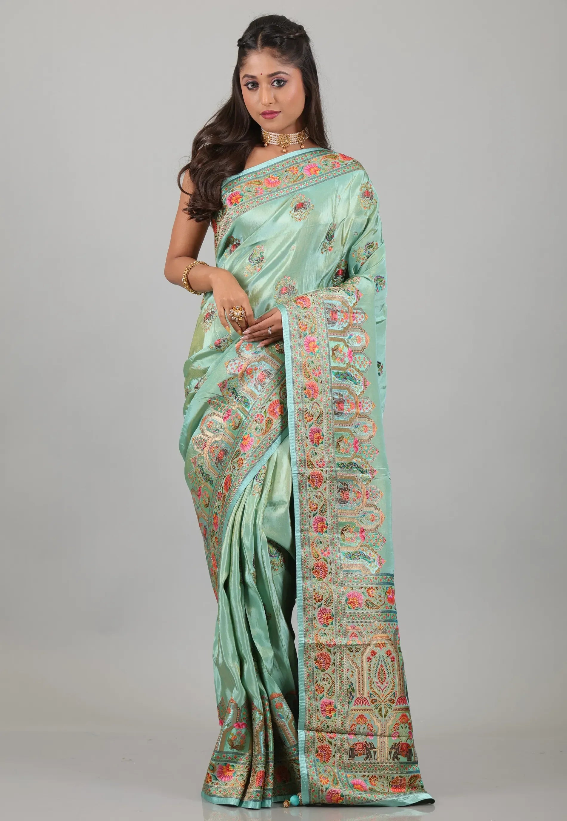 Pesta Green Kani Silk Saree With Blouse Piece - Adi Akshoy & Co.
