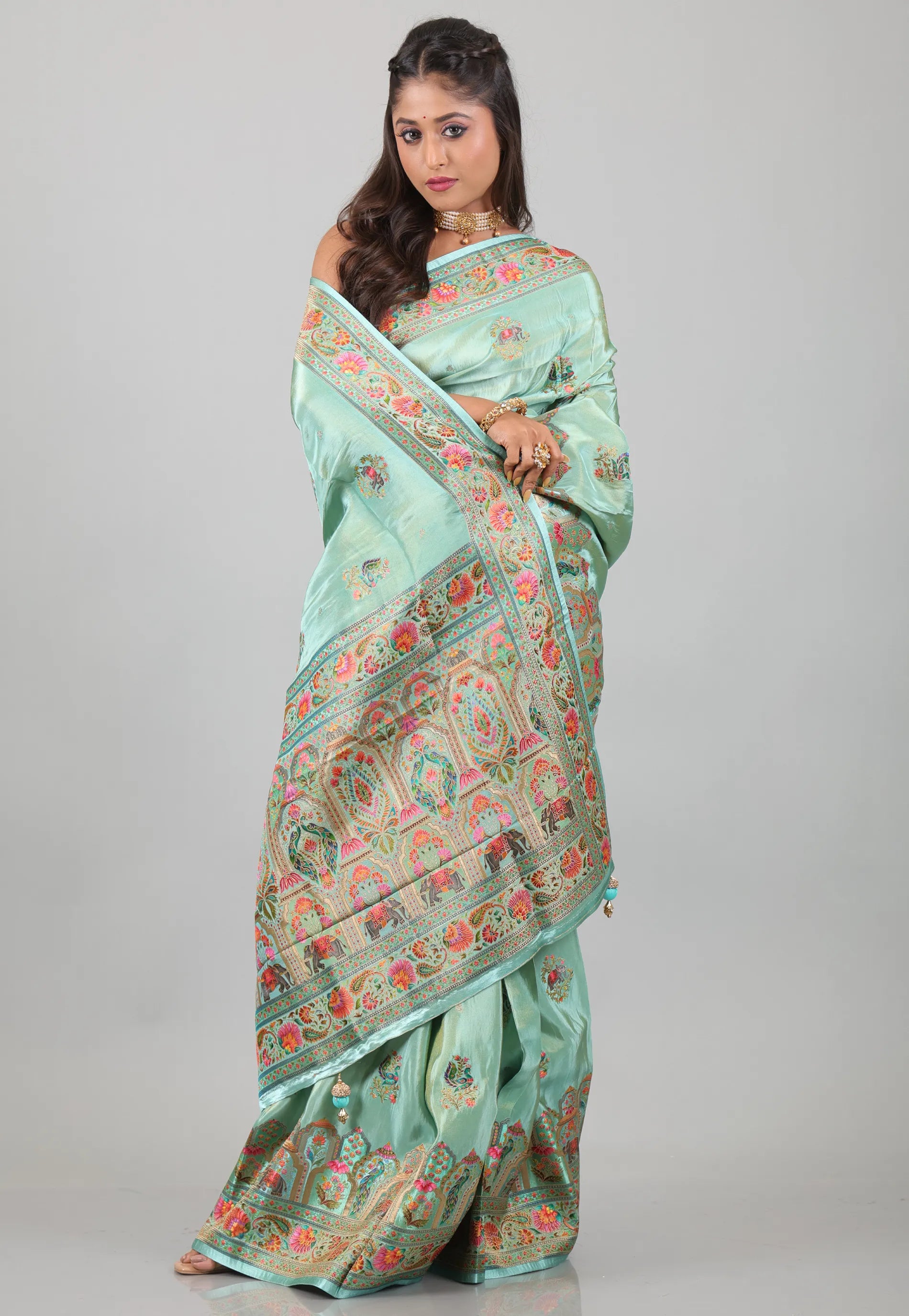 Pesta Green Kani Silk Saree With Blouse Piece - Adi Akshoy & Co.