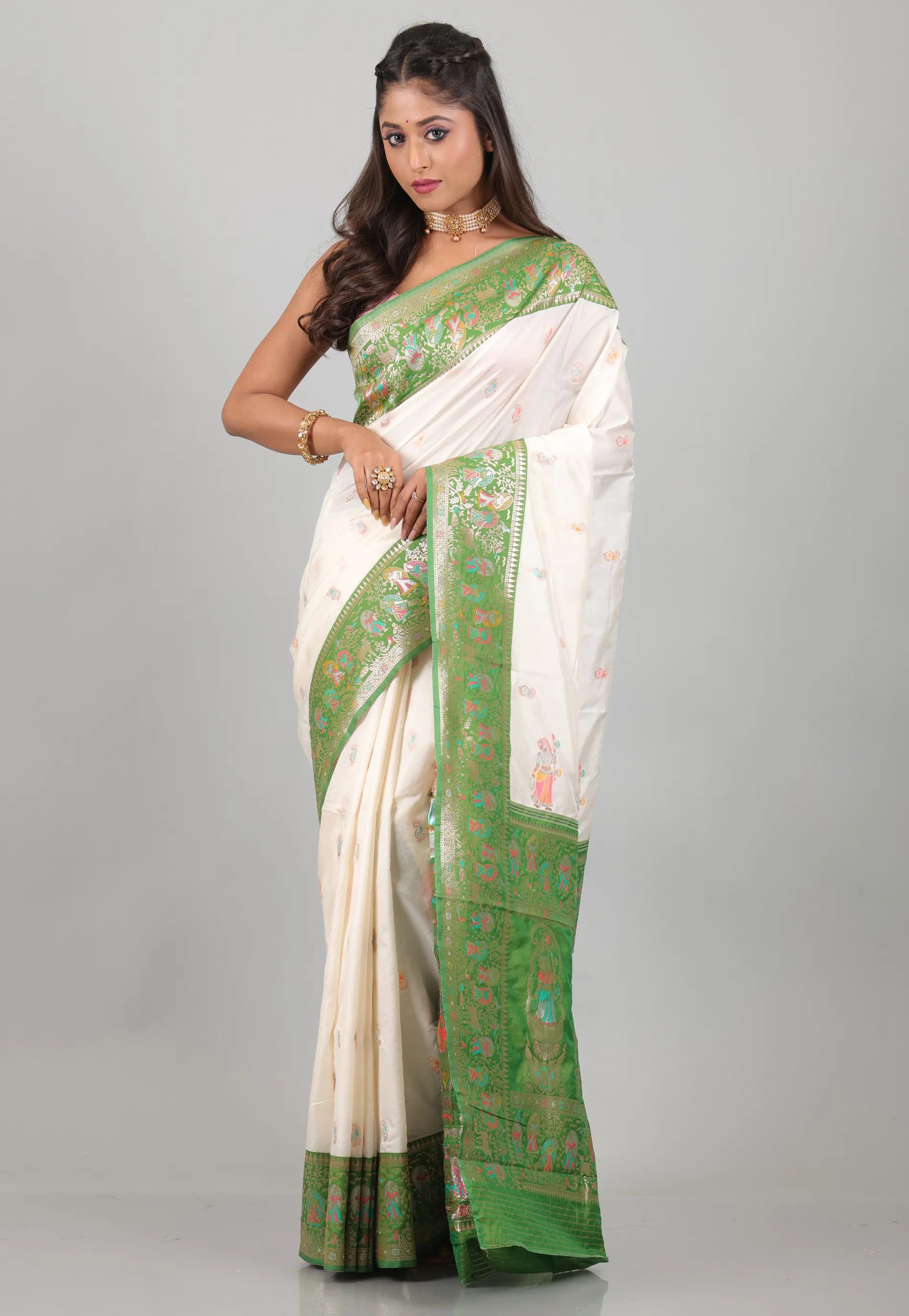 Off White with Green Border Baluchari Silk Saree with Blouse Piece - Adi Akshoy & Co.