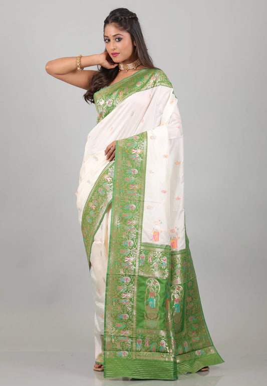 Off White with Green Border Baluchari Silk Saree with Blouse Piece - Adi Akshoy & Co.