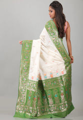 Off White with Green Border Baluchari Silk Saree with Blouse Piece - Adi Akshoy & Co.