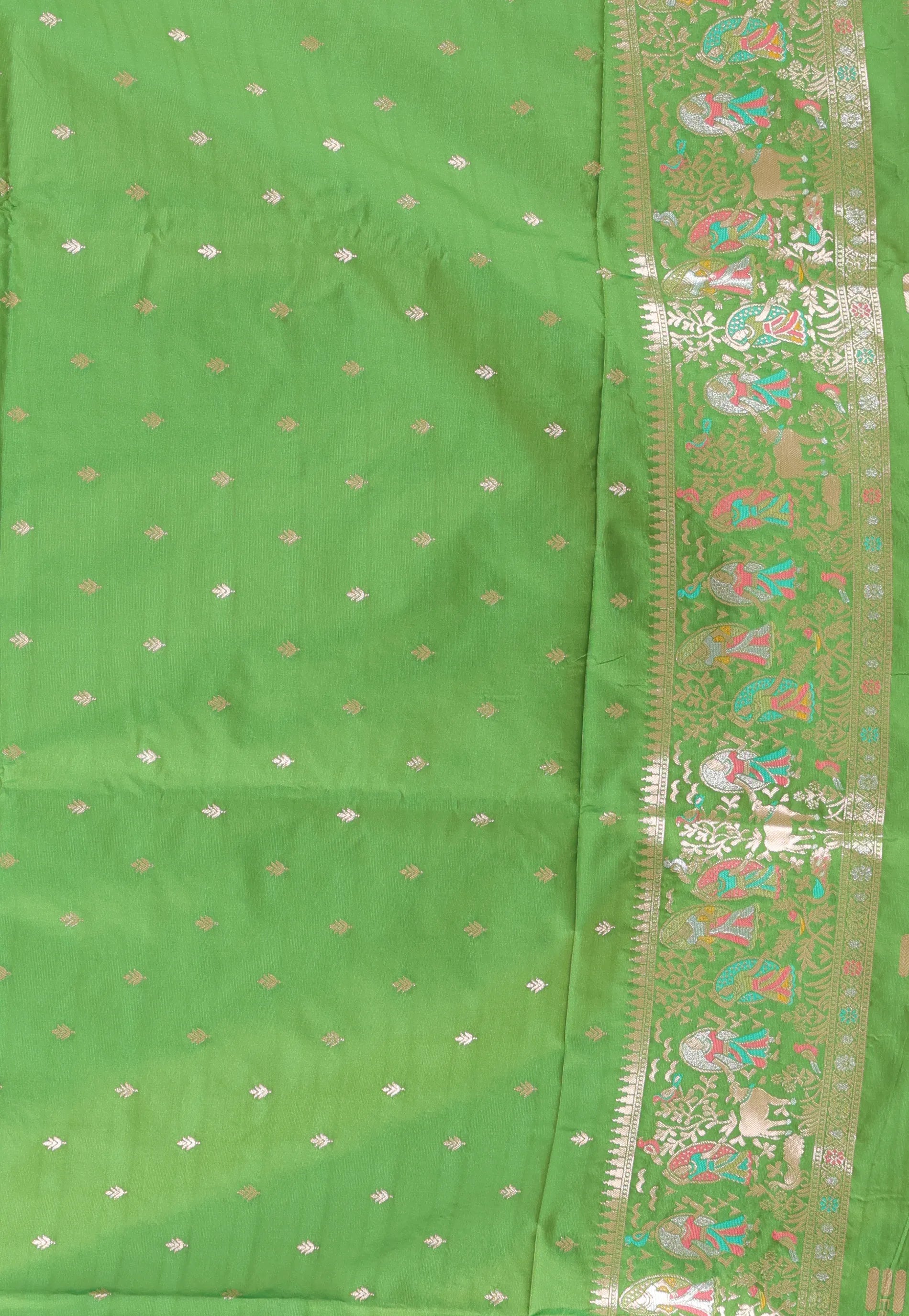 Off White with Green Border Baluchari Silk Saree with Blouse Piece - Adi Akshoy & Co.