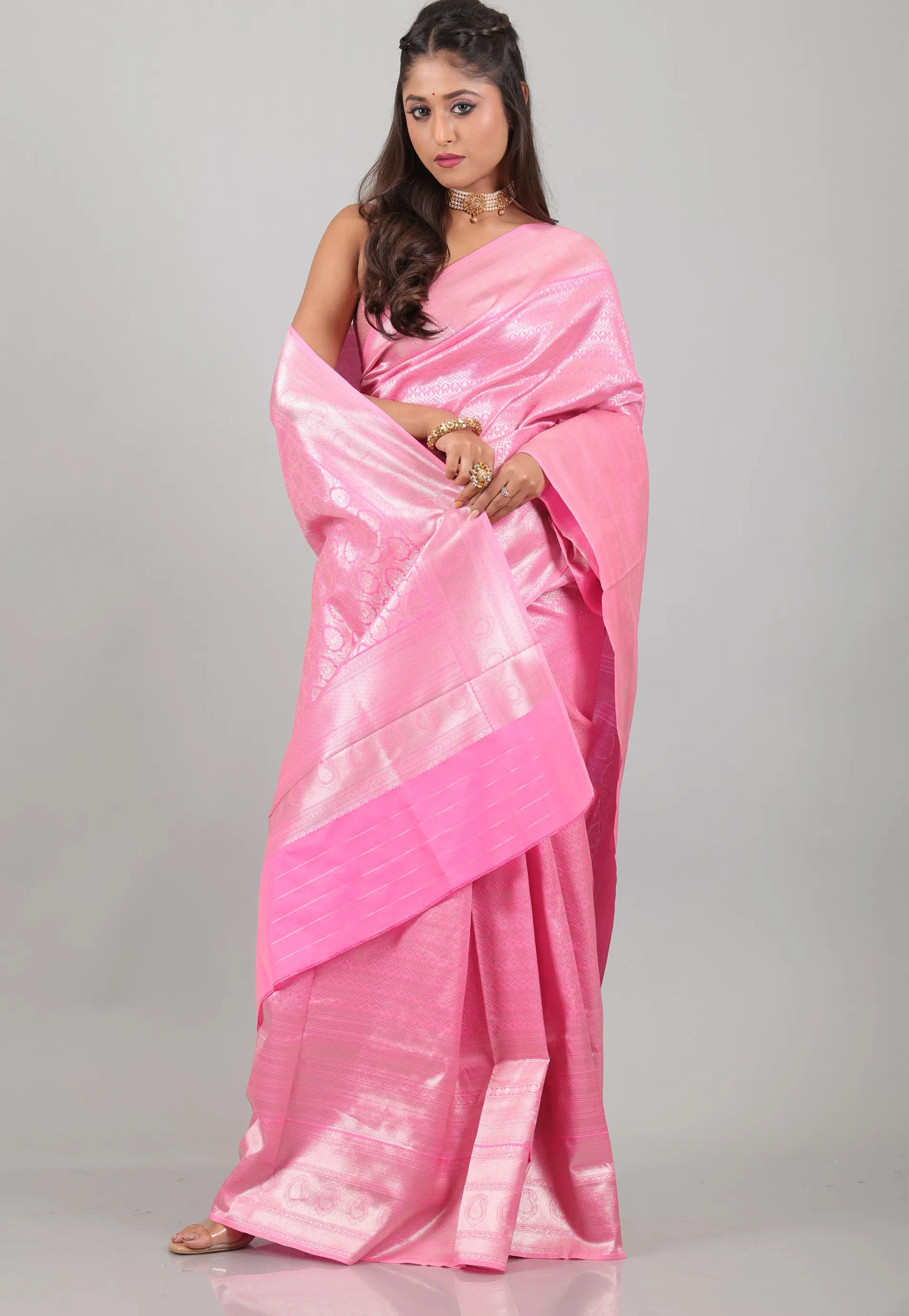Pink Kanjivaram Silk Saree With Blouse Piece