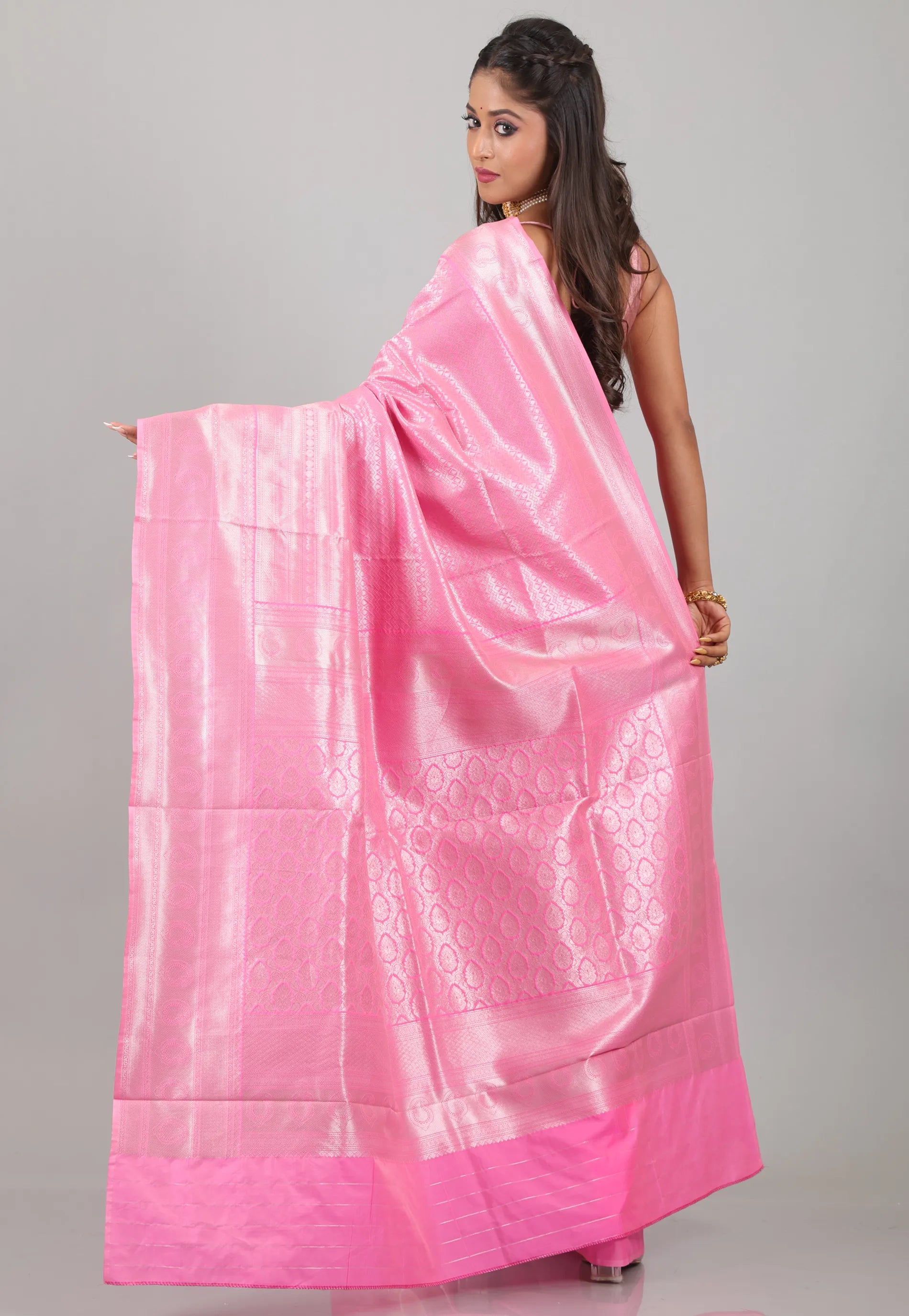 Pink Kanjivaram Silk Saree With Blouse Piece