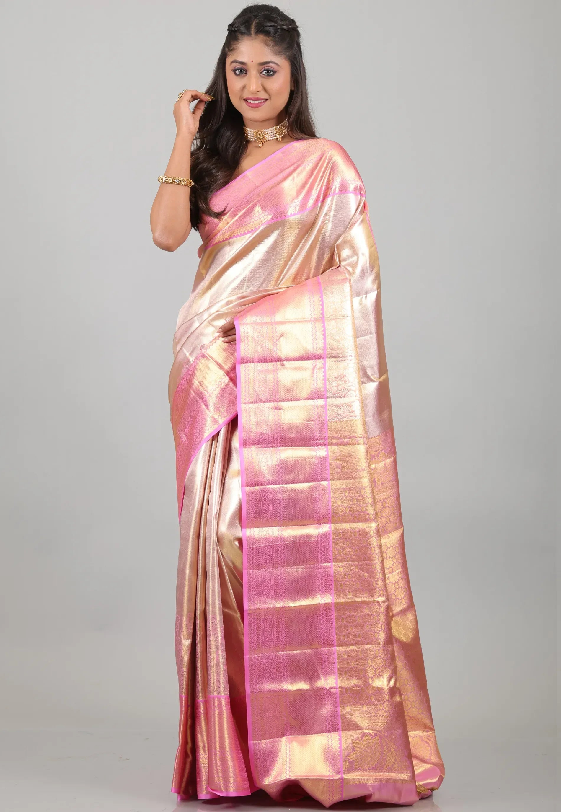 Golden with Pink Border Brocade Tissue Kanjivaram Pure Silk Saree With Blouse Piece - Adi Akshoy & Co.