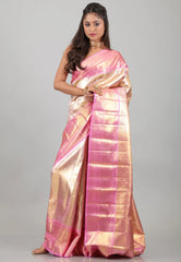 Golden with Pink Border Brocade Tissue Kanjivaram Pure Silk Saree With Blouse Piece - Adi Akshoy & Co.
