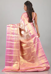 Golden with Pink Border Brocade Tissue Kanjivaram Pure Silk Saree With Blouse Piece - Adi Akshoy & Co.