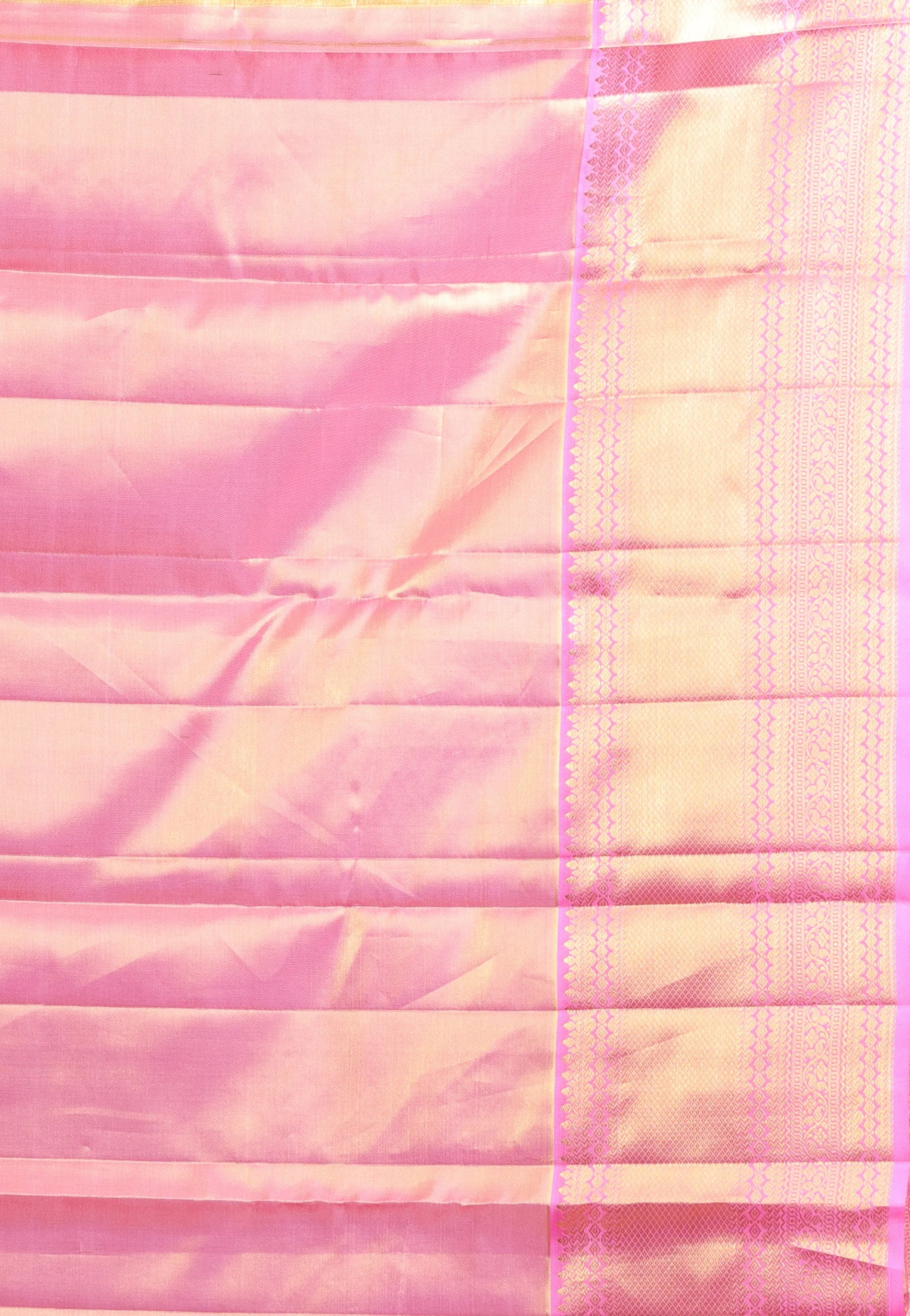 Golden with Pink Border Brocade Tissue Kanjivaram Pure Silk Saree With Blouse Piece - Adi Akshoy & Co.