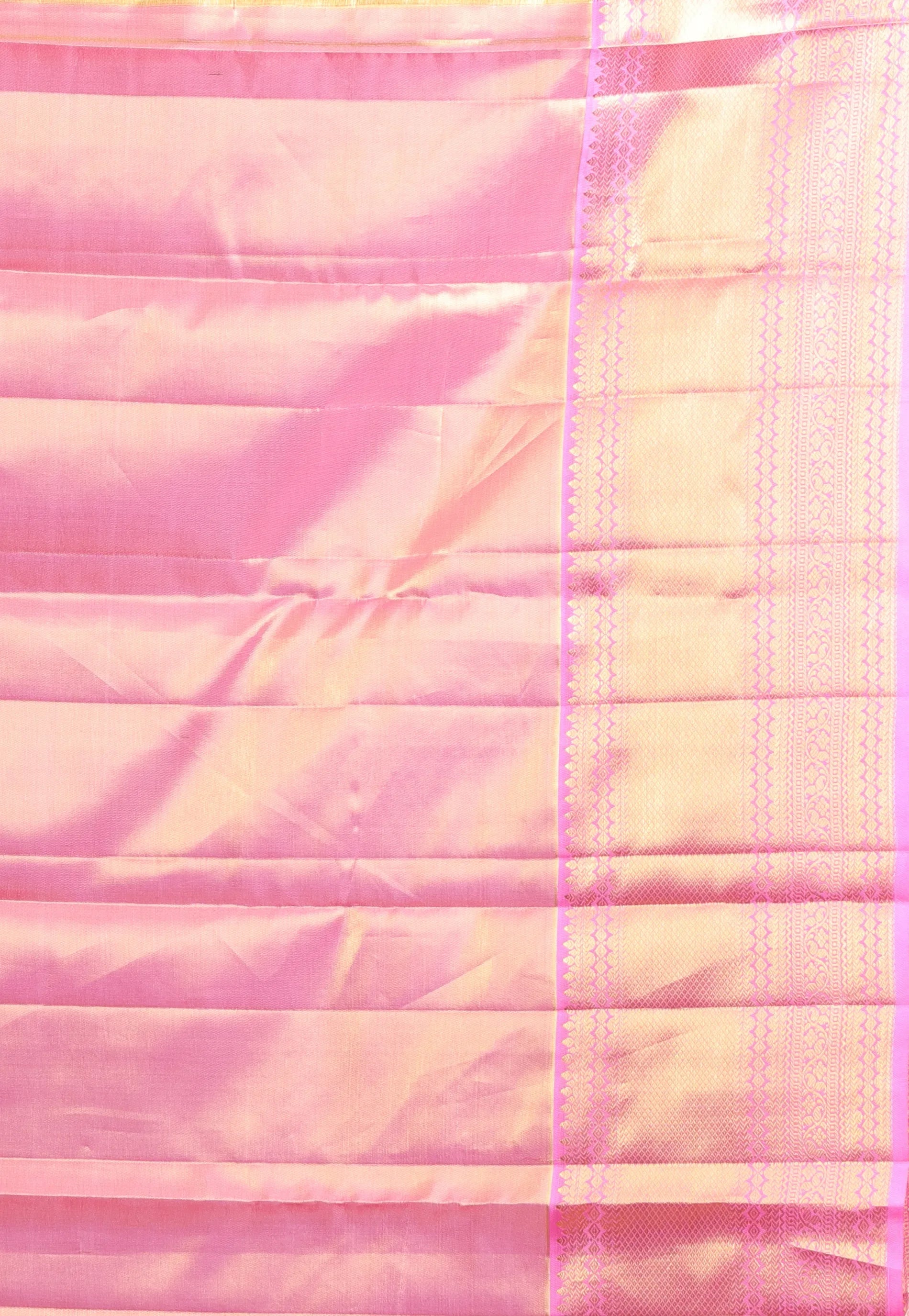 Golden with Pink Border Brocade Tissue Kanjivaram Pure Silk Saree With Blouse Piece - Adi Akshoy & Co.