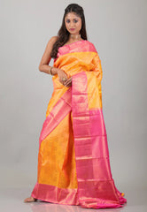 Yellow with Rani Border Pure Kanjivaram Silk Saree With Blouse Piece - Adi Akshoy & Co.