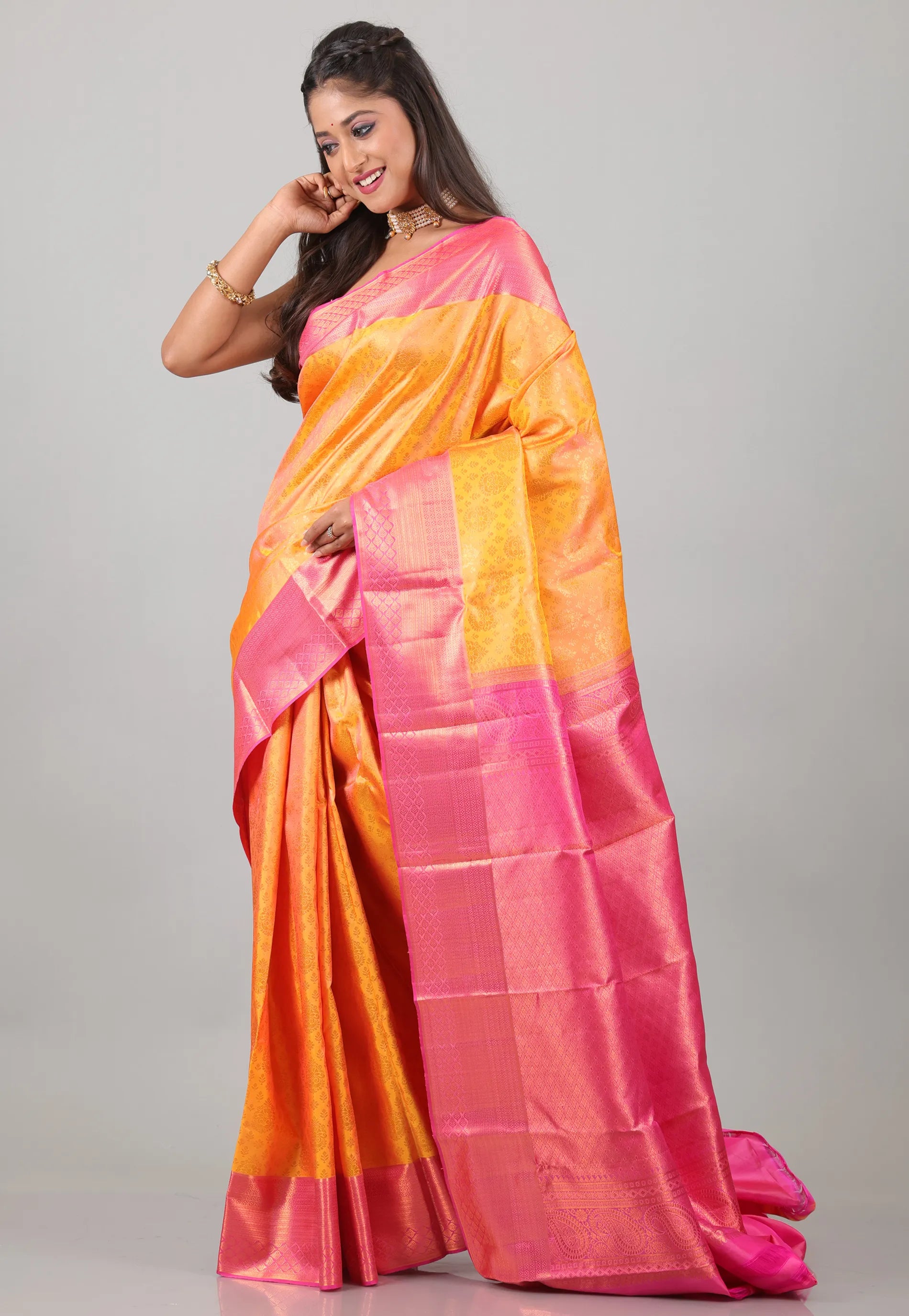 Yellow with Rani Border Pure Kanjivaram Silk Saree With Blouse Piece - Adi Akshoy & Co.