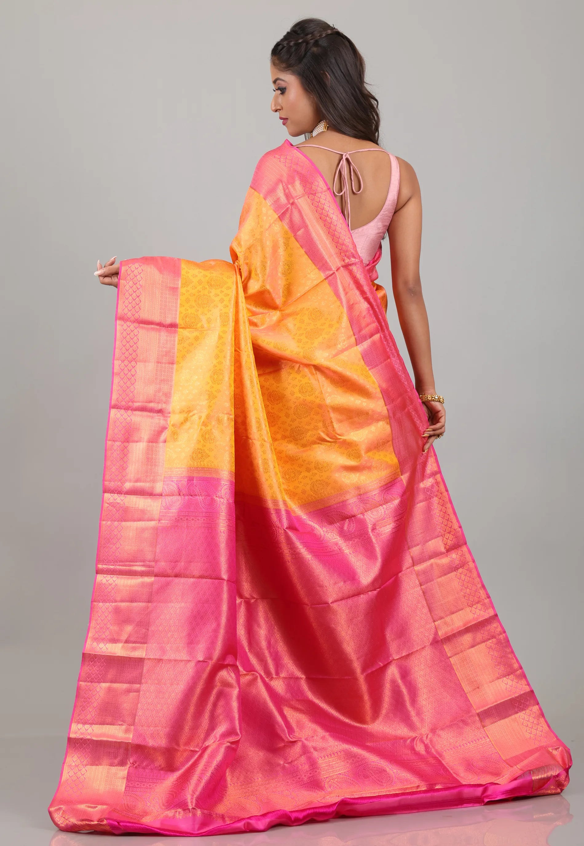 Yellow with Rani Border Pure Kanjivaram Silk Saree With Blouse Piece - Adi Akshoy & Co.