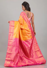 Yellow with Rani Border Pure Kanjivaram Silk Saree With Blouse Piece - Adi Akshoy & Co.