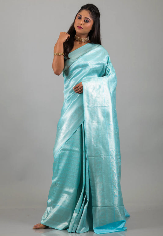 Sky Blue Kanjivaram Silk Saree With Blouse Piece - Adi Akshoy & Co.