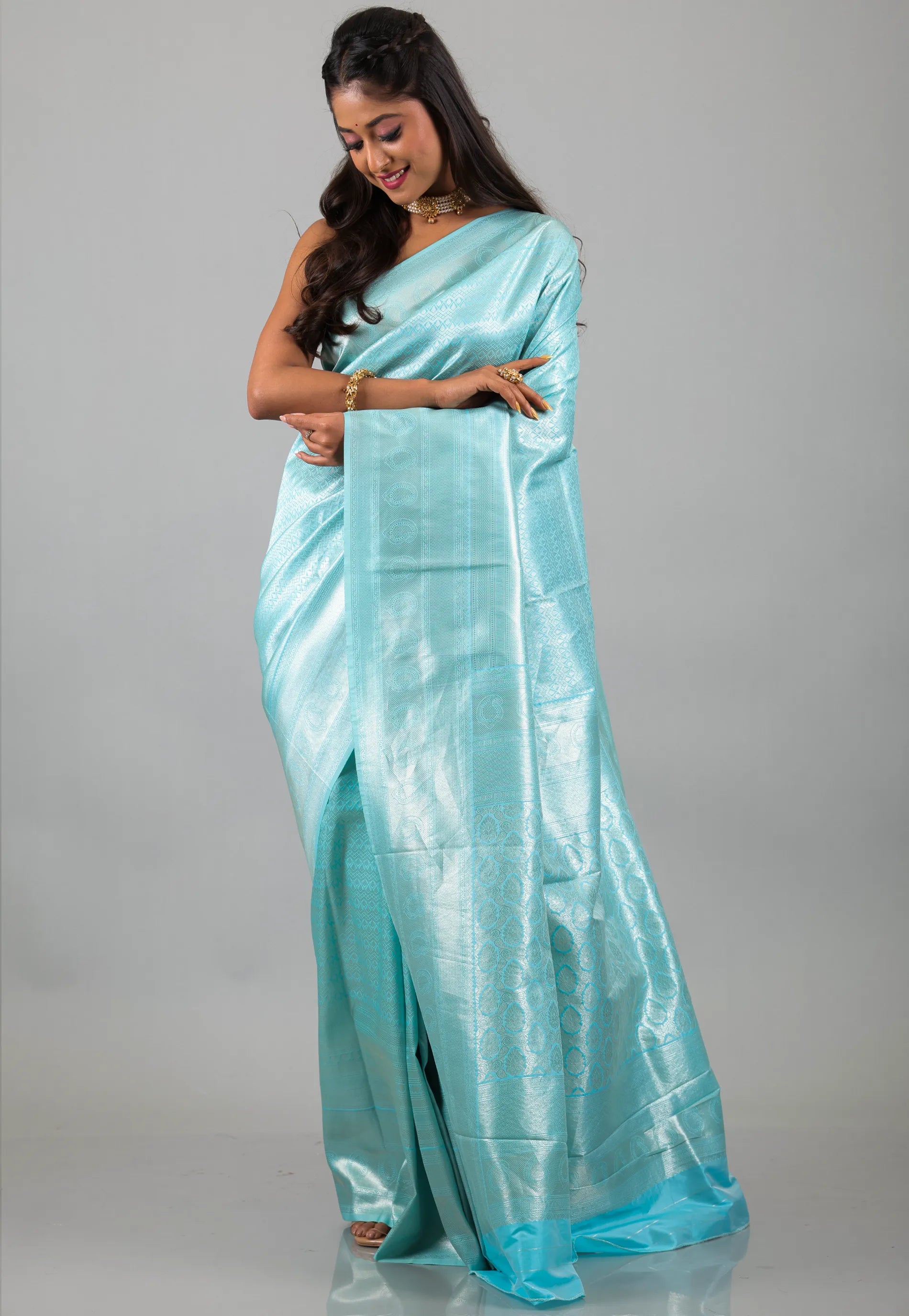 Sky Blue Kanjivaram Silk Saree With Blouse Piece - Adi Akshoy & Co.