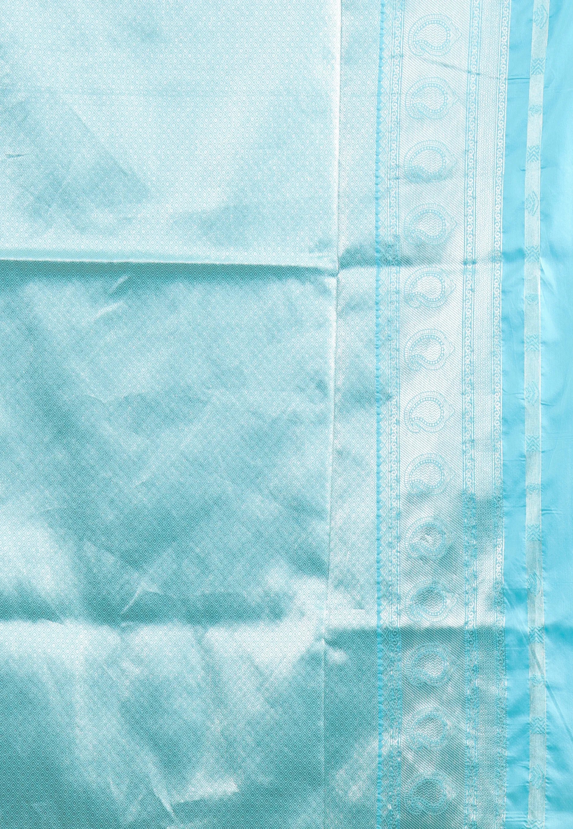 Sky Blue Kanjivaram Silk Saree With Blouse Piece - Adi Akshoy & Co.