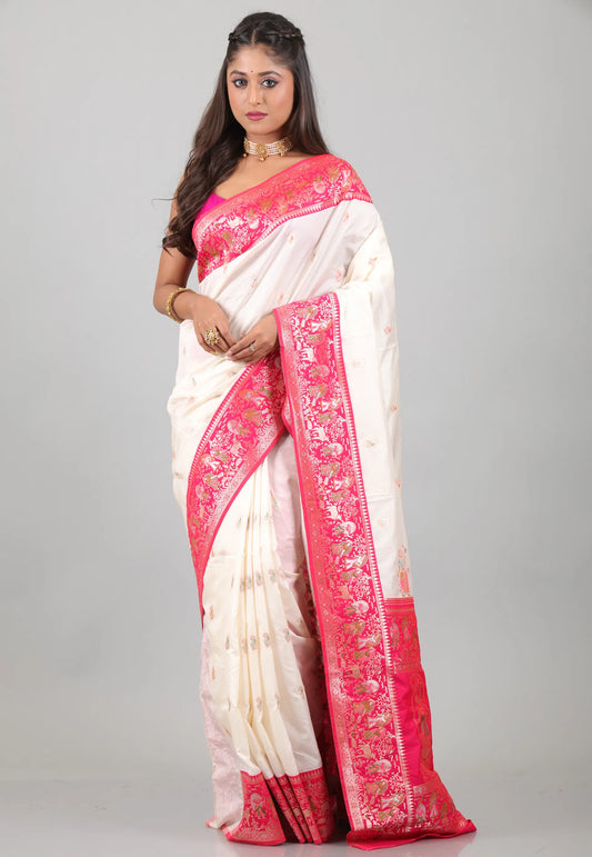 Off White with Rani Border Baluchari Silk Saree with Blouse Piece - Adi Akshoy & Co.