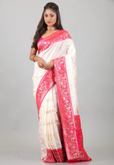Off White with Rani Border Baluchari Silk Saree with Blouse Piece - Adi Akshoy & Co.