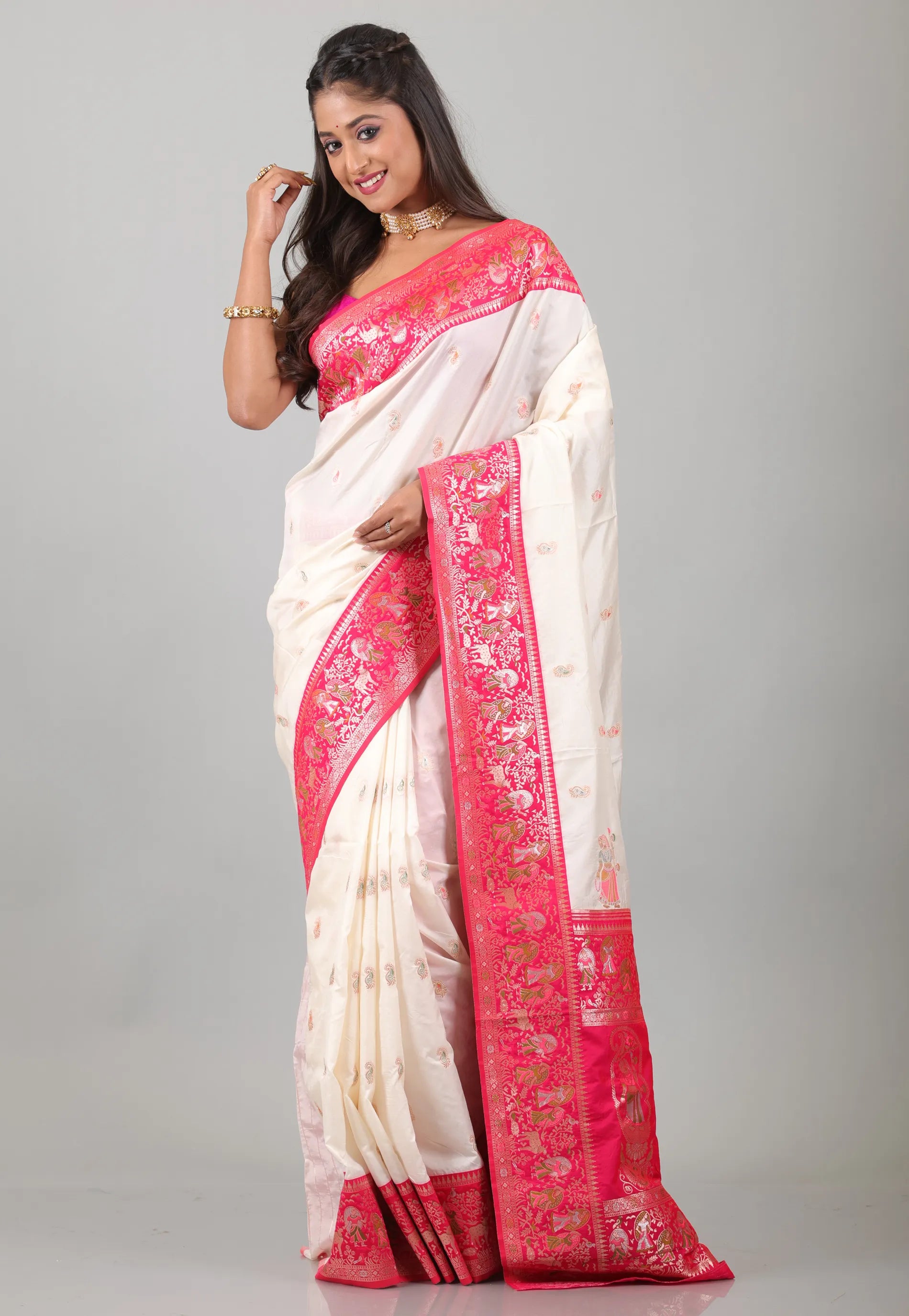 Off White with Rani Border Baluchari Silk Saree with Blouse Piece - Adi Akshoy & Co.