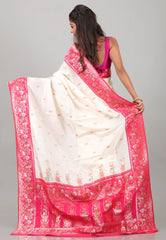 Off White with Rani Border Baluchari Silk Saree with Blouse Piece - Adi Akshoy & Co.