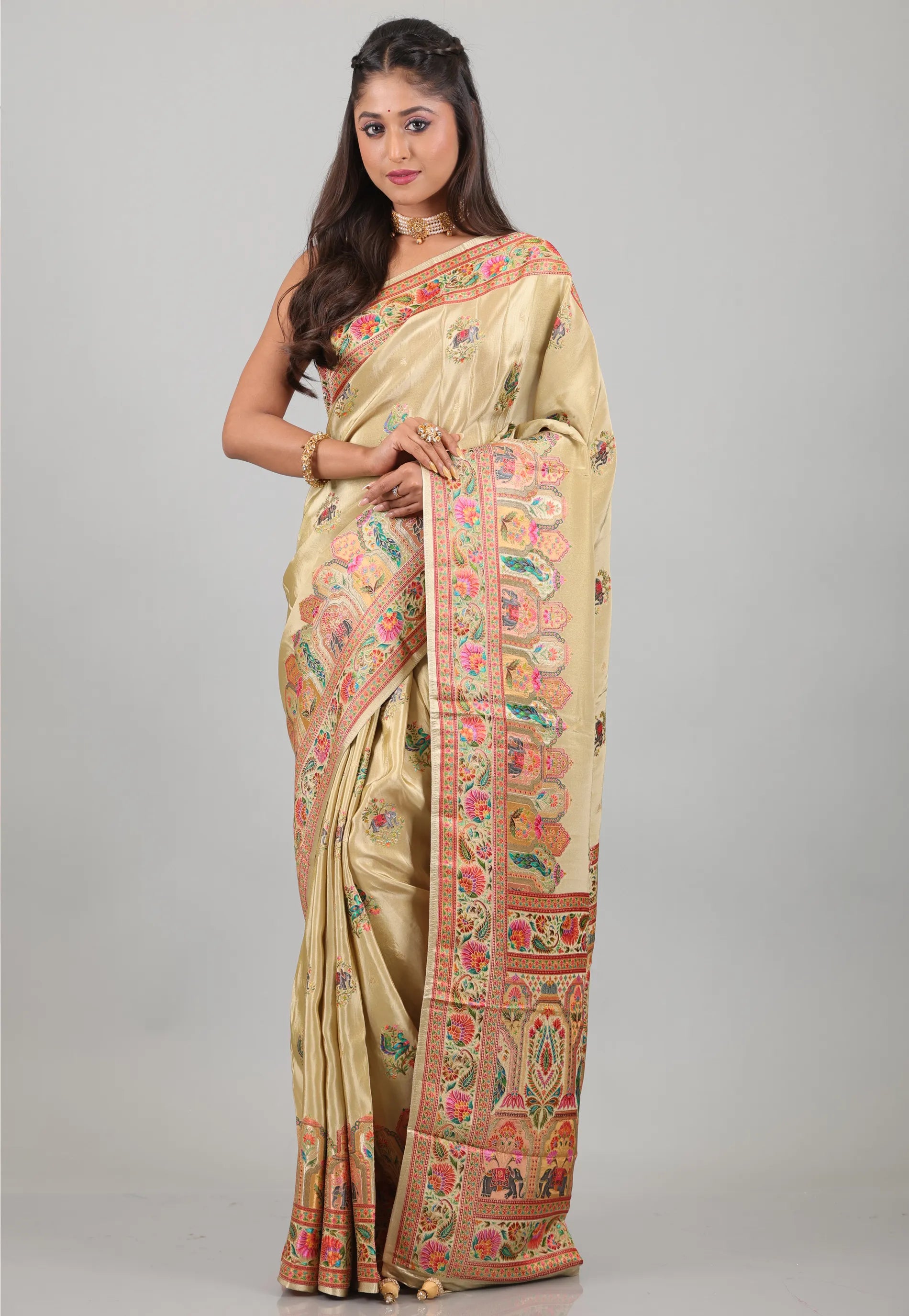 Beige Kani Silk Saree With Blouse Piece - Adi Akshoy & Co.