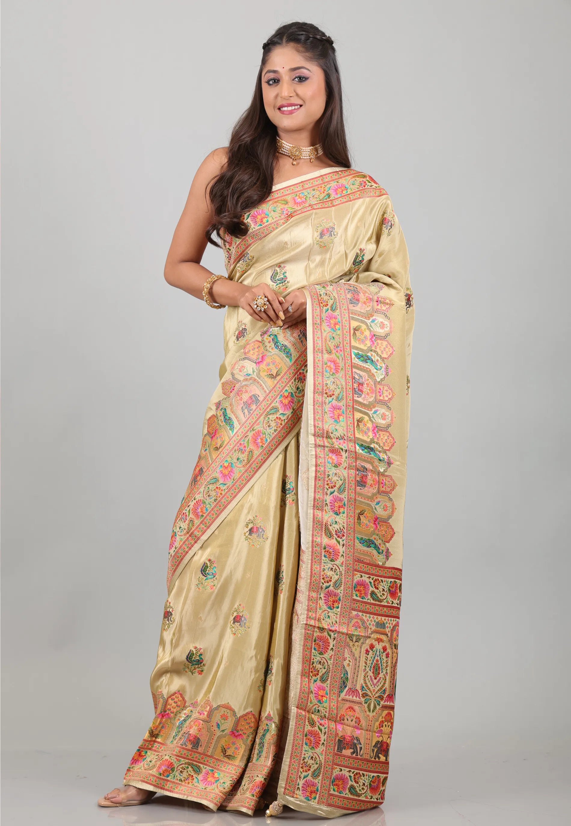 Beige Kani Silk Saree With Blouse Piece - Adi Akshoy & Co.