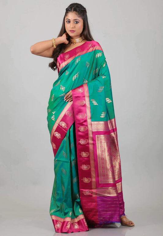 Rama Green with Rani Border Mashru Silk Saree with Blouse Piece - Adi Akshoy & Co.