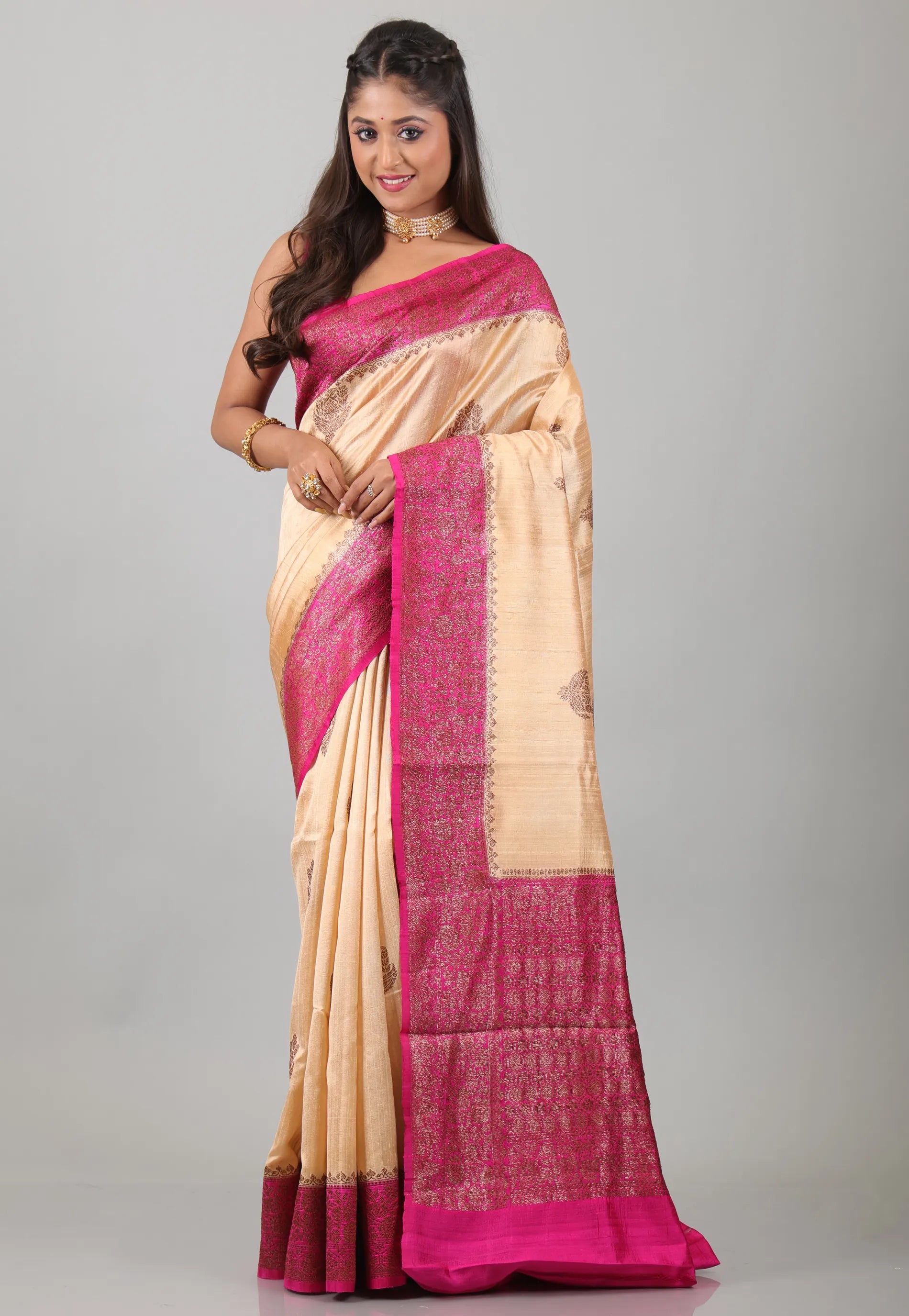 Beige with Rani Border Pure Tussar Silk Saree with Blouse Piece - Adi Akshoy & Co.