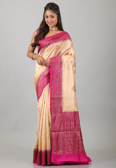 Beige with Rani Border Pure Tussar Silk Saree with Blouse Piece - Adi Akshoy & Co.
